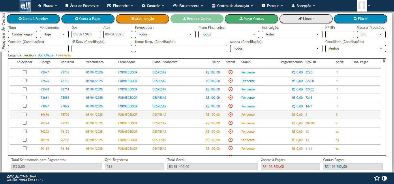 Pesquisa de Contas do AllClinic Web