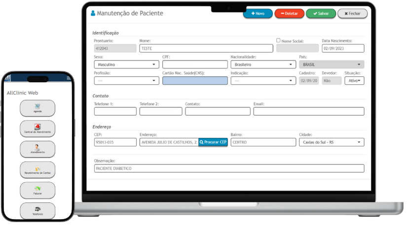 Celular e Notebook exibindo o AllClinic Web
